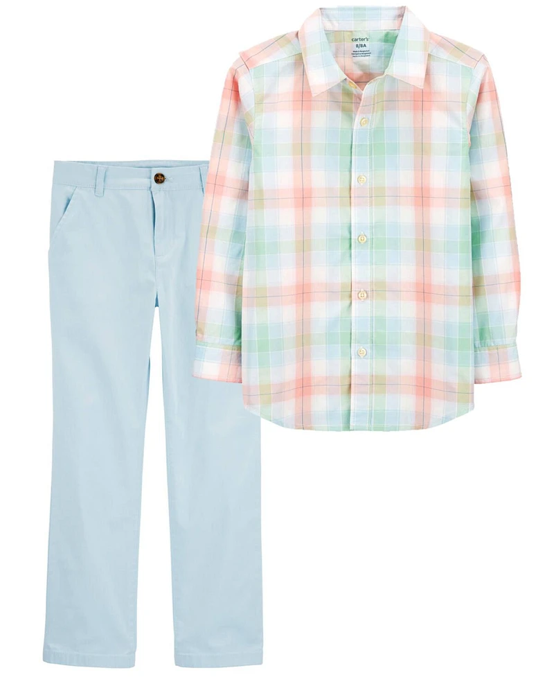 Kid 2-Piece Button-Front Shirt & Flat-Front Pants Set