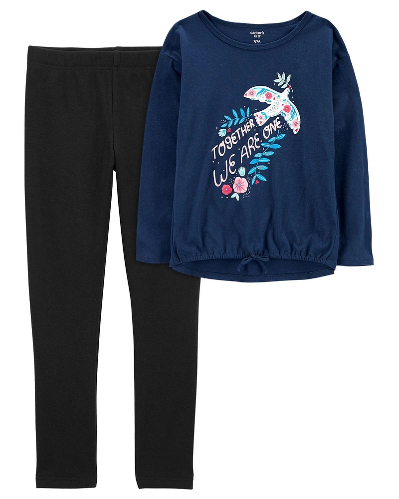 Kid 2-Piece Floral Dove Graphic Tee & Cozy Fleece Leggings