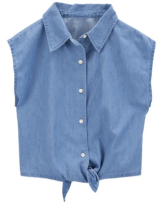 Kid Button-Up Tie-Front Chambray Top