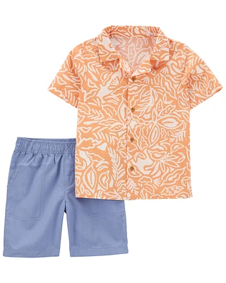 Baby 2-Piece Palm Linen Button-Front Shirt & Short Set