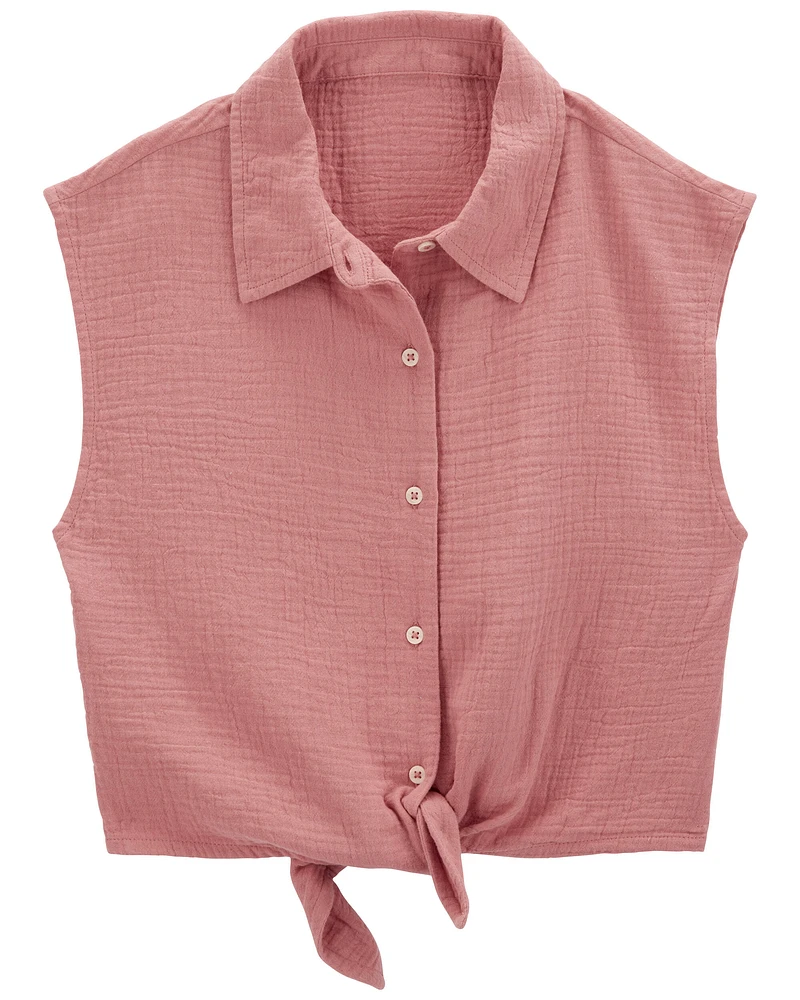 Kid Button-Up Tie-Front Gauze Top