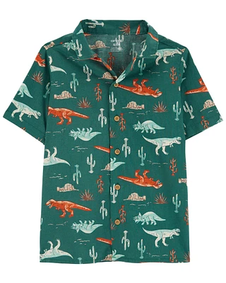 Kid Button-Front Dinosaur-Print Shirt