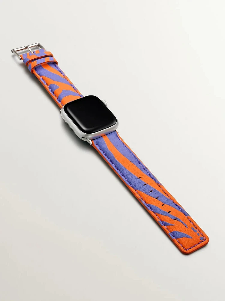 Correa Apple Watch cuero zebra naranja y morada