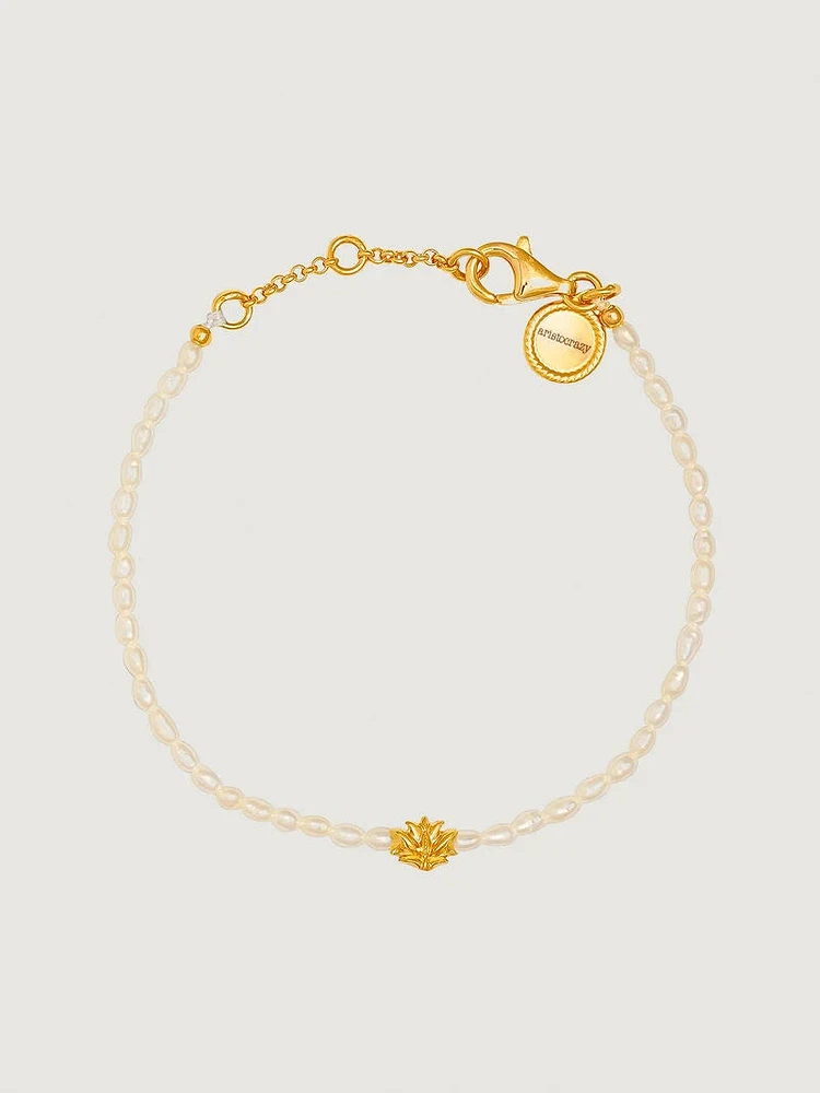 Pulsera motivo flor perla plata recubierta oro