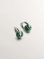 Pendientes de aro mediano de plata con piedra malaquita verde