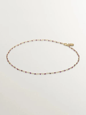 Collar de cadena de plata bañada en oro amarillo de 18kt con bolitas de rubíes rosas