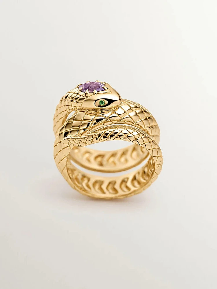 Anillo ancho serpiente de plata bañada en oro amarillo 18kt con piedras amatista morada y tsavoritas verdes - 11