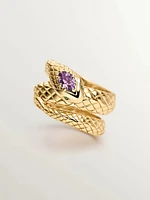 Anillo ancho serpiente de plata bañada en oro amarillo 18kt con piedras amatista morada y tsavoritas verdes - 11