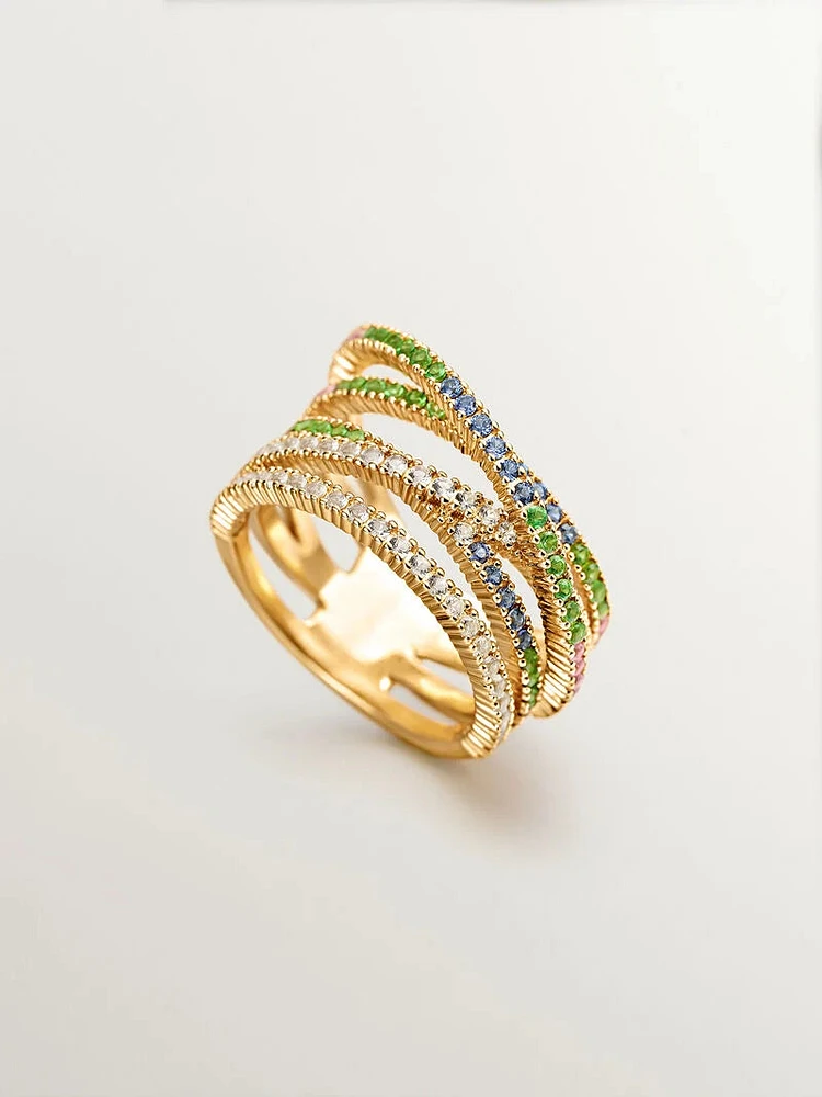 Anillo multibrazo de plata bañada en oro 18kt con piedras multicolor - 9