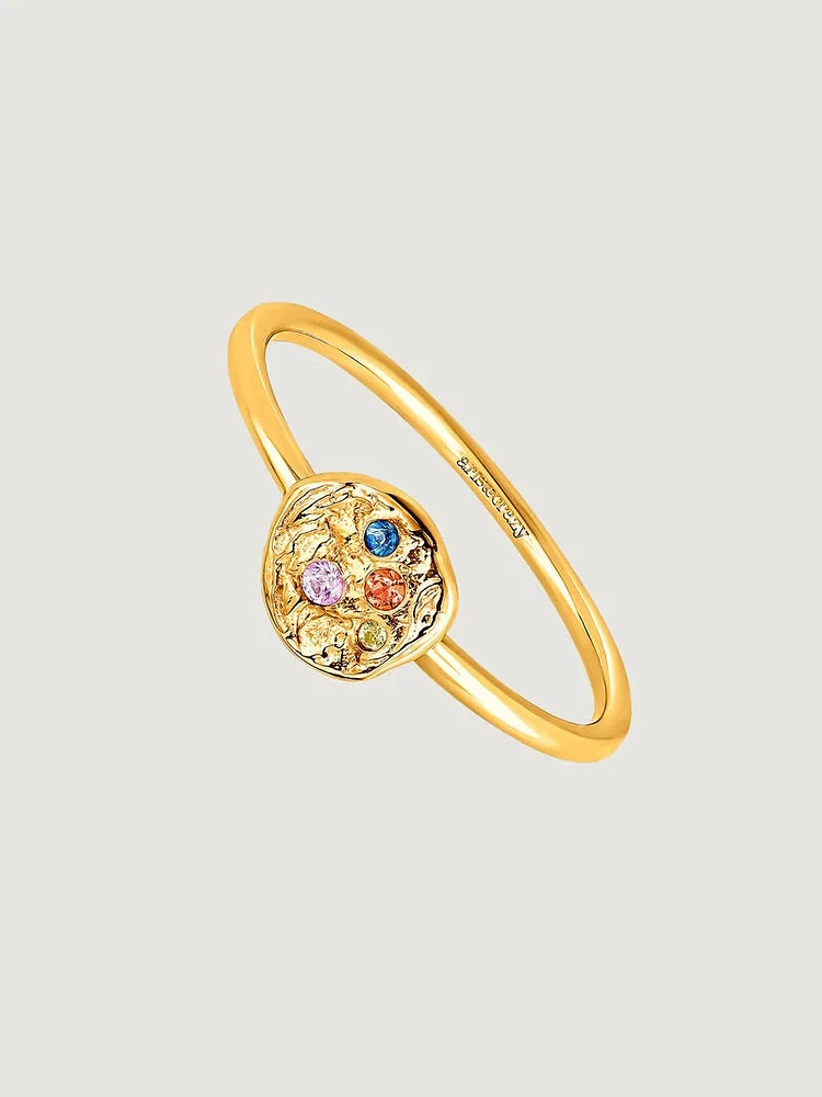 Anillo de plata bañada en oro 18kt con relieve y zafiros multicolor - 9