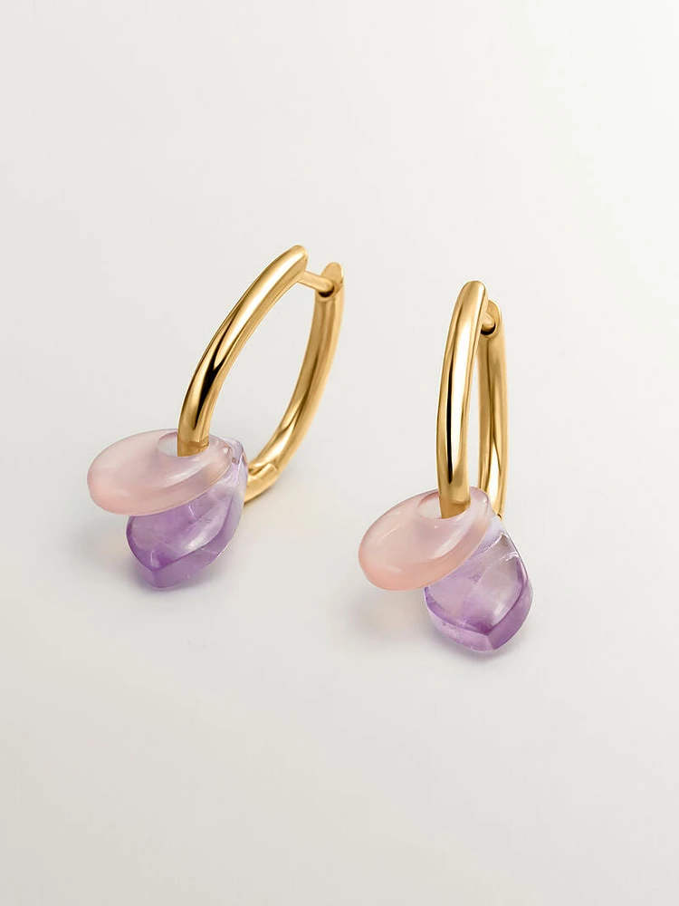 Pendientes de aro de plata 925 bañada en oro amarillo de 18K con ágata rosa