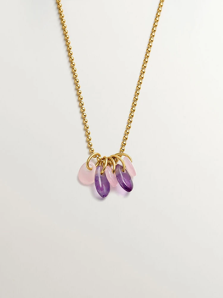 Collar de plata 925 bañada en oro amarillo de 18K con amatista morada y ágata rosa