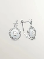 Pendientes de plata 925 y oro blanco de 18K con perlas blancas, diamantes blancos y esmalte gris