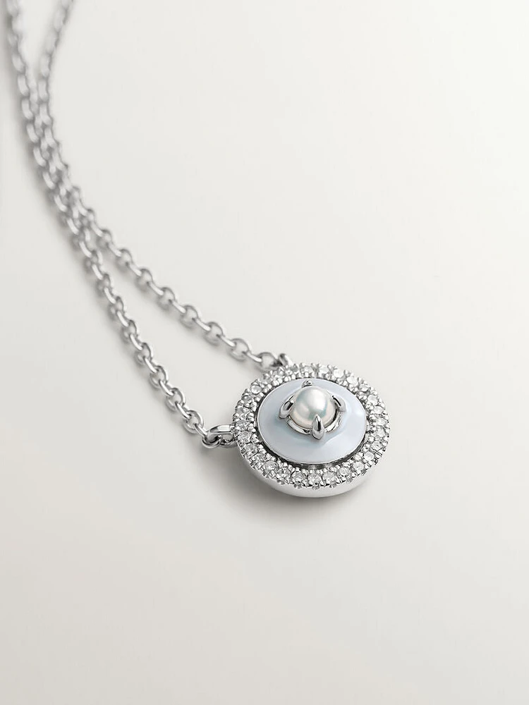 Collar de plata 925 y oro blanco de 18K con perlas blancas, diamantes blancos y esmalte gris