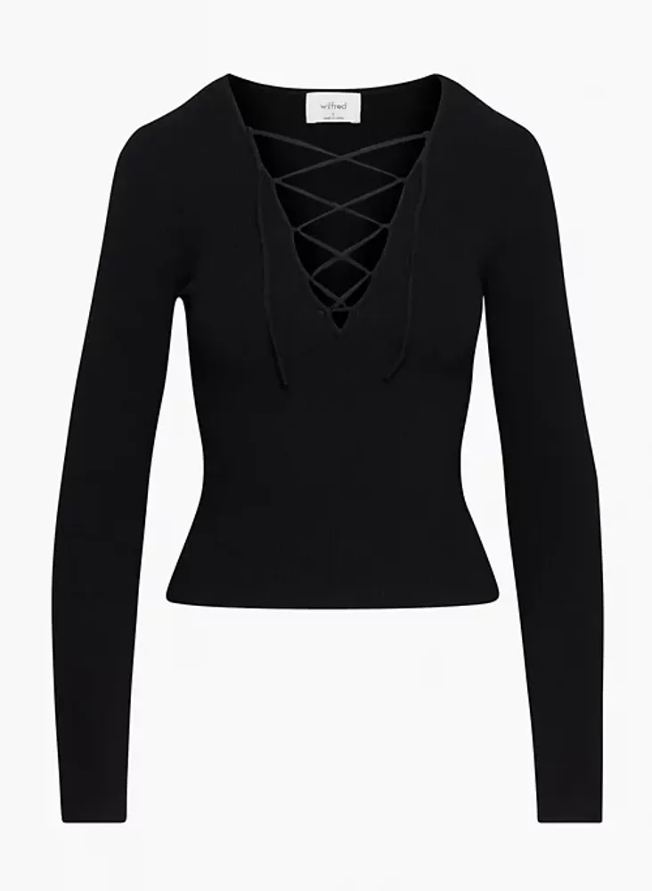 Tether Lace Up Crop Top in Black Rib Knit Jersey