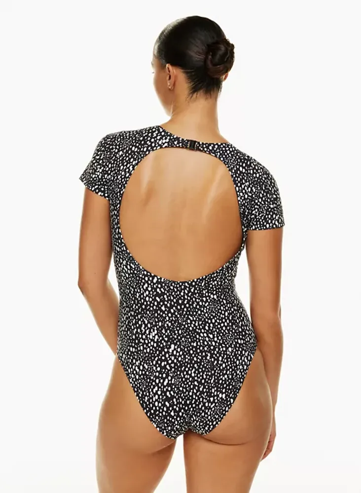 Black Short Sleeve Open Back Swimsuit