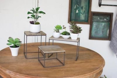 Set of Three Wood and Metal Table Top Risers, Brown/Beige