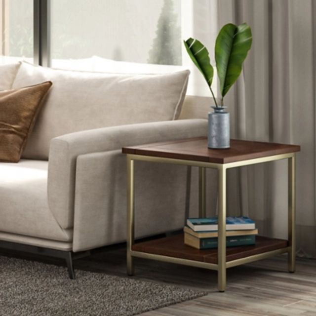 Simpli Home Selma Metal and Wood Accent Table in Natural/Gold