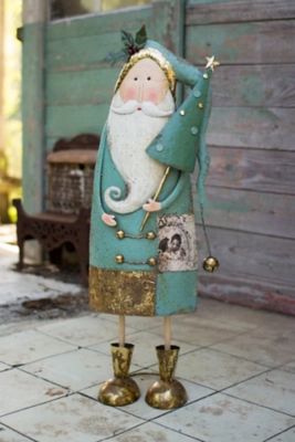 Holiday Painted Metal Santa with Tree, Green/White