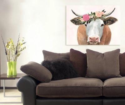 Stupell Industries Springtime Flower Crown Farm Cow with Horns, 10 x 15, Wood Wall Art, Multi