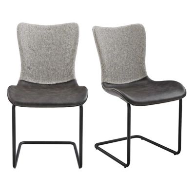 Euro Style Juni Side Chair in Light Gray Fabric and Dark Gray Leatherette with Matte Black Base - Set of 2, Dark Gray