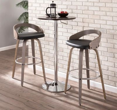 Grotto Mid-Century Modern Barstool with Light Grey Wood and Black Faux Leather - Set of 2
