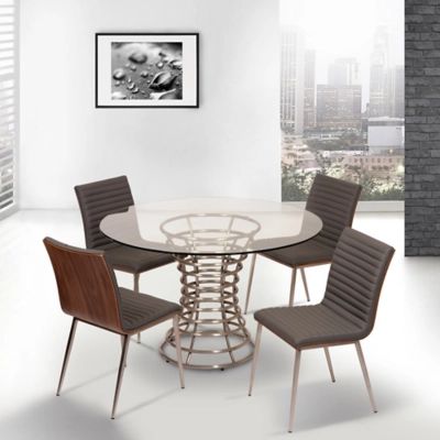Café Brushed Stainless Steel Dining Chair in Gray Faux Leather with Walnut Back - Set of 2, Gray