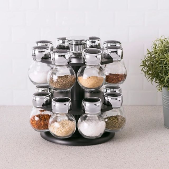 Contemporary Gourmet Revolving 12-Jar Two Tier Spice Rack, Black