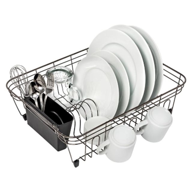 happimess Compact 18.25 2-Tier Fingerprint-Proof Stainless Steel Dish  Drying Rack with Swivel Spout Tray, Stainless Steel/Black