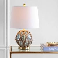 JONATHAN Y Andrews 21.5" LED Glass/Rope Table Lamp, Brown/Aqua, Nickel/Clear/White