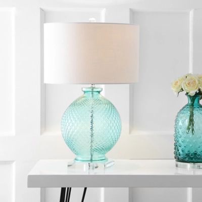 JONATHAN Y Estelle 26" Glass and Crystal LED Table Lamp, Aqua, Clear/Chrome/White