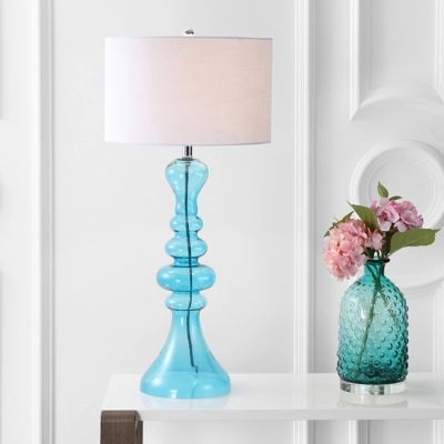 JONATHAN Y Madeline 35" Curved Glass LED Table Lamp, Aqua, Gold/White