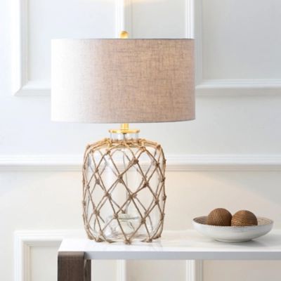 JONATHAN Y Mer 26.5" Glass and Rope LED Table Lamp, Brown/Clear, Clear/Brass/White