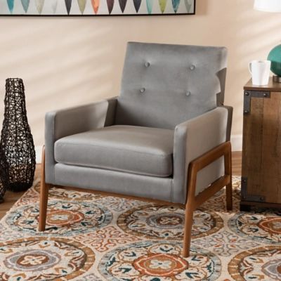 Perris Gray Velvet Fabric Upholstered and Walnut Brown Finished Wood Lounge Chair