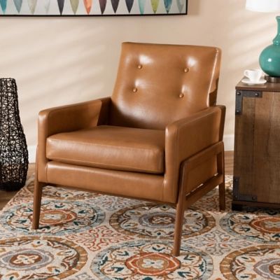 Perris Tan Faux Leather Upholstered and Walnut Brown Finished Wood Lounge Chair Leather, Brown