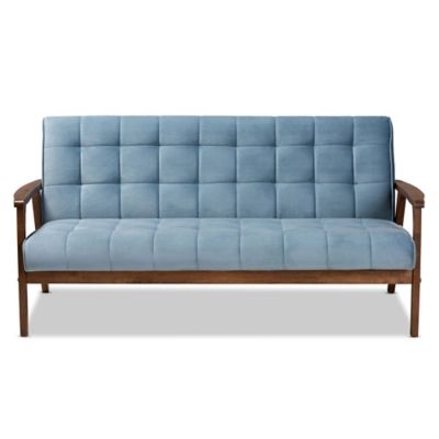 Baxton Studio Asta Mid-Century Modern Light Blue Velvet Fabric Upholstered Walnut Finished Wood Sofa, Blue