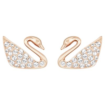 Swarovski Swan Pierced Earrings, White, Rose-gold tone plated