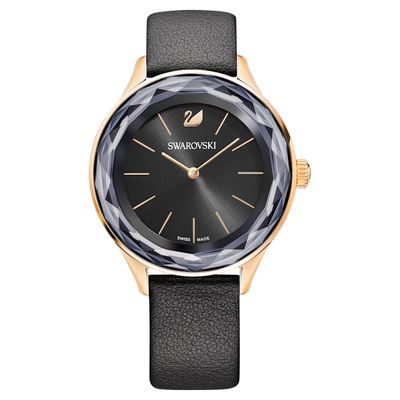Swarovski Octea Nova watch, Leather strap, Black, Rose-gold tone PVD