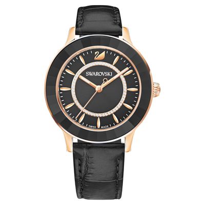 Swarovski Octea Lux watch, Leather strap, Black, Rose-gold tone PVD