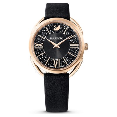 Swarovski Crystalline Glam watch, Leather strap, Black, Rose-gold tone PVD