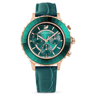 Swarovski Octea Lux Chrono watch, Leather strap, Green, Rose-gold tone PVD