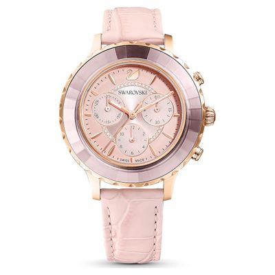 Swarovski Octea Lux Chrono watch, Leather strap, Pink, Rose-gold tone PVD