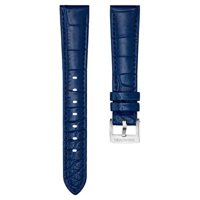 Swarovski 18mm Watch strap, Leather with stitching, Blue, Stainless steel