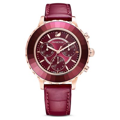 Swarovski Octea Lux Chrono watch, Leather strap, Red, Rose-gold tone PVD