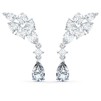 Swarovski Tennis Deluxe Cluster Mixed Pierced Earrings, White, Rhodium plated