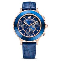 Swarovski Octea Lux Chrono watch, Leather strap, Blue, Rose-gold tone PVD