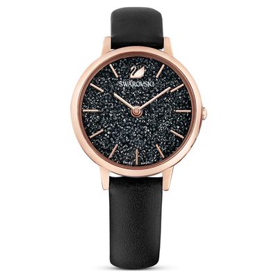 Swarovski Crystalline Joy watch, Leather strap, Black, Rose-gold tone PVD