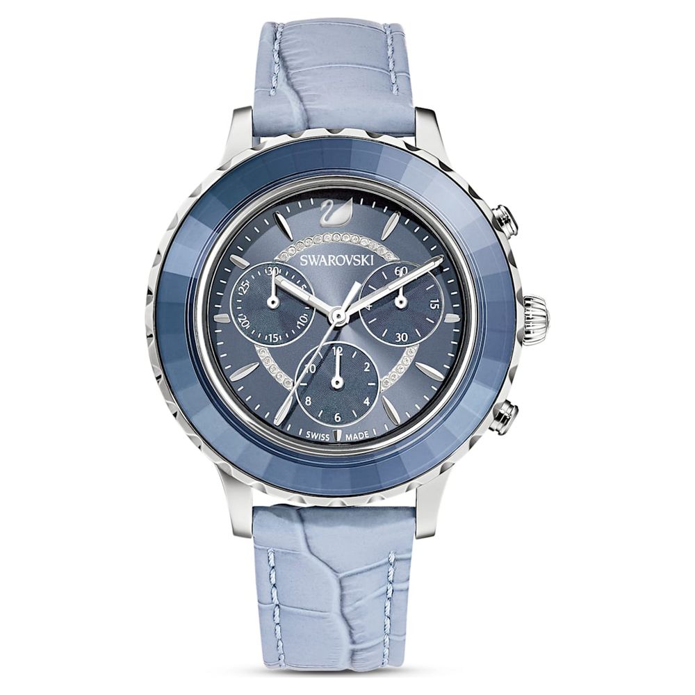 Swarovski Octea Lux Chrono watch, Leather strap, Blue, Stainless steel