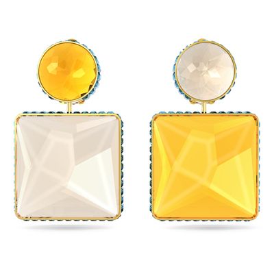 Swarovski Orbita earrings, Asymmetrical, Square cut crystal, Multicolored, Gold-tone plated