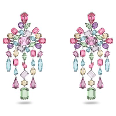 Swarovski Gema clip earrings, Chandelier, Multicolored, Rhodium plated